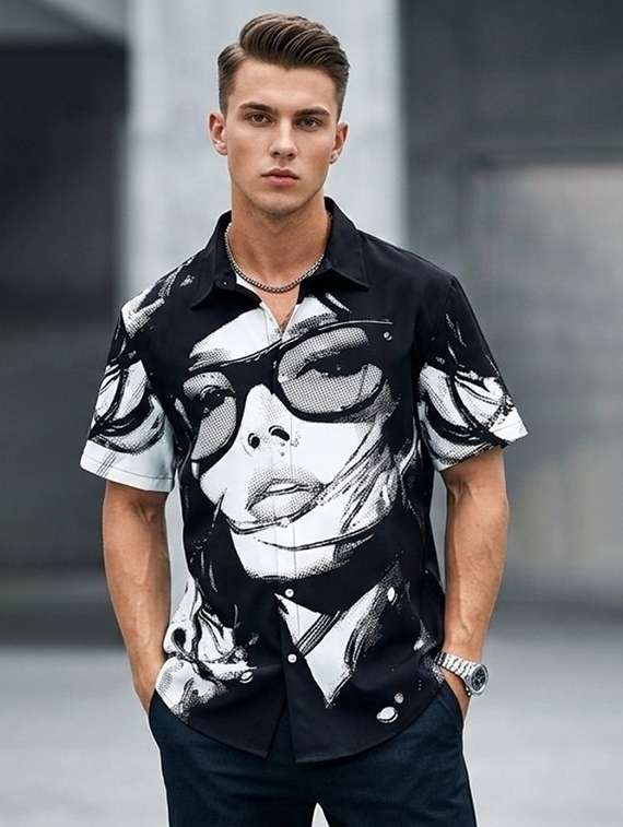 men printed short sleeve regular fit casual shirt