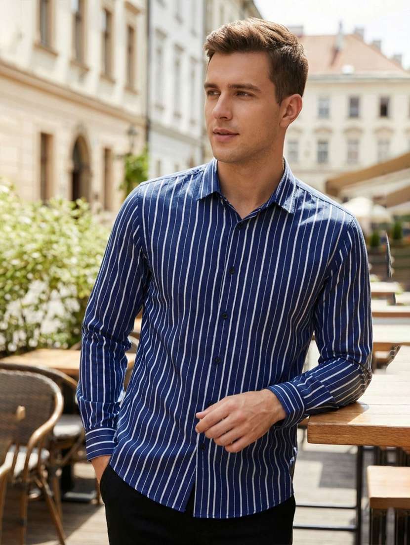men striped long sleeve regular fit casual shirt