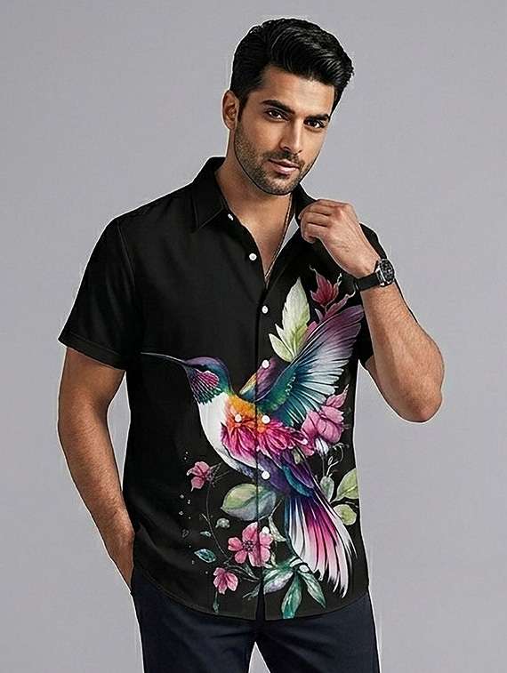 men printed short sleeve regular fit casual shirt