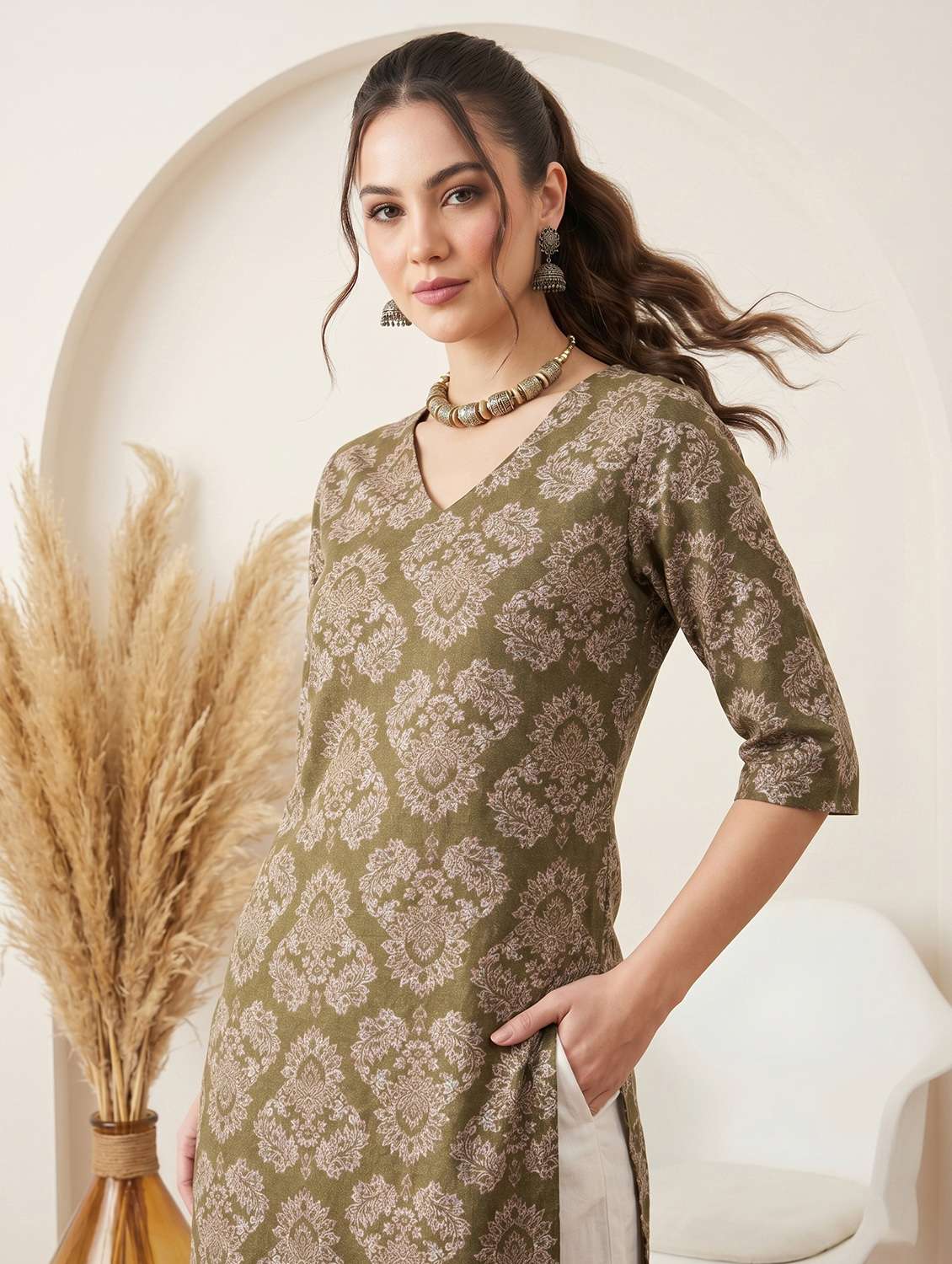 women printed three quarter sleeve straight kurta - 22499086 -  Standard Image - 5