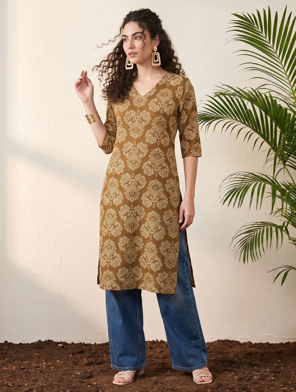 women printed three quarter sleeve straight kurta - 22499087 -  Standard Image - 3