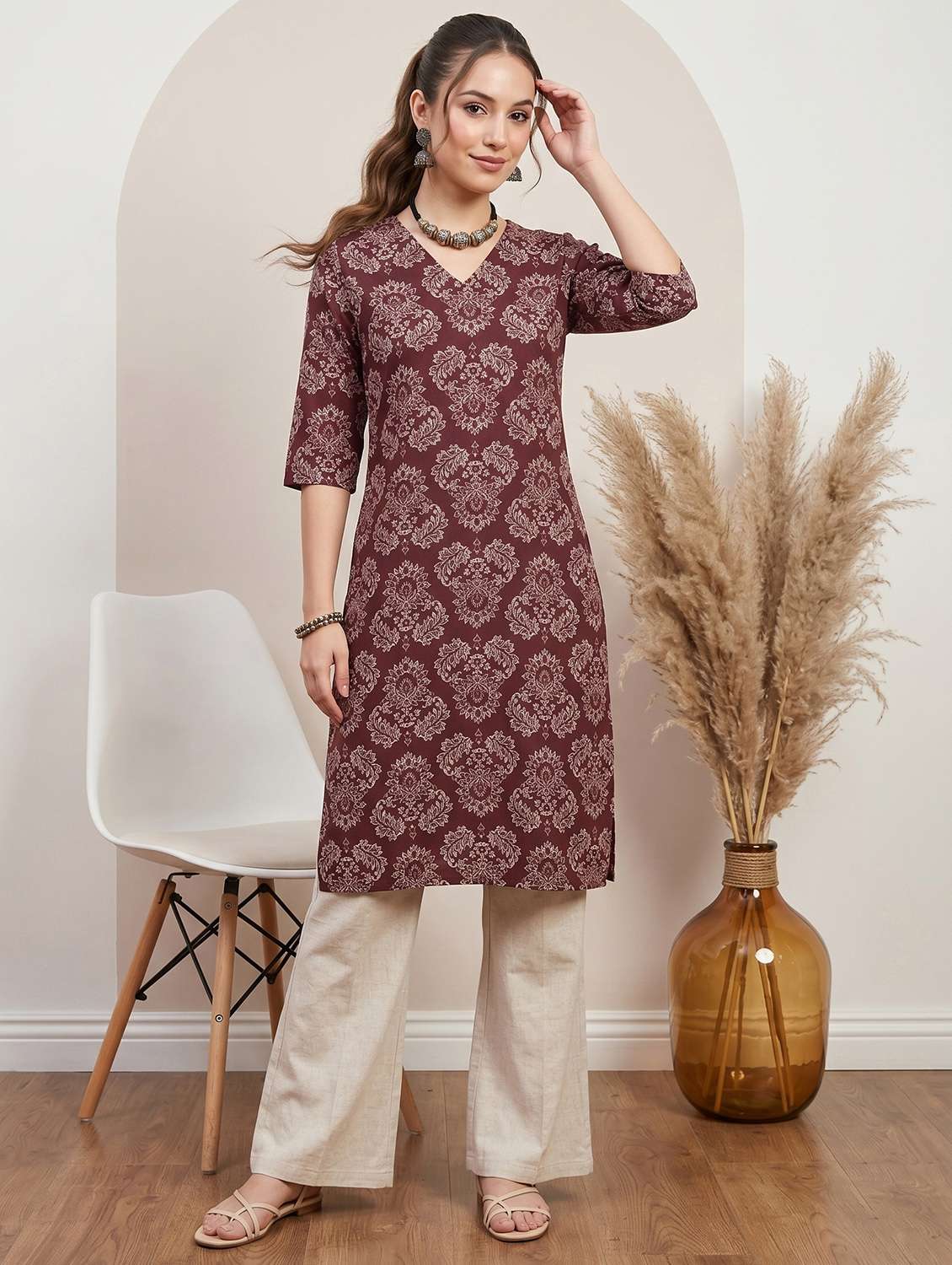 women printed three quarter sleeve straight kurta - 22499088 -  Standard Image - 3