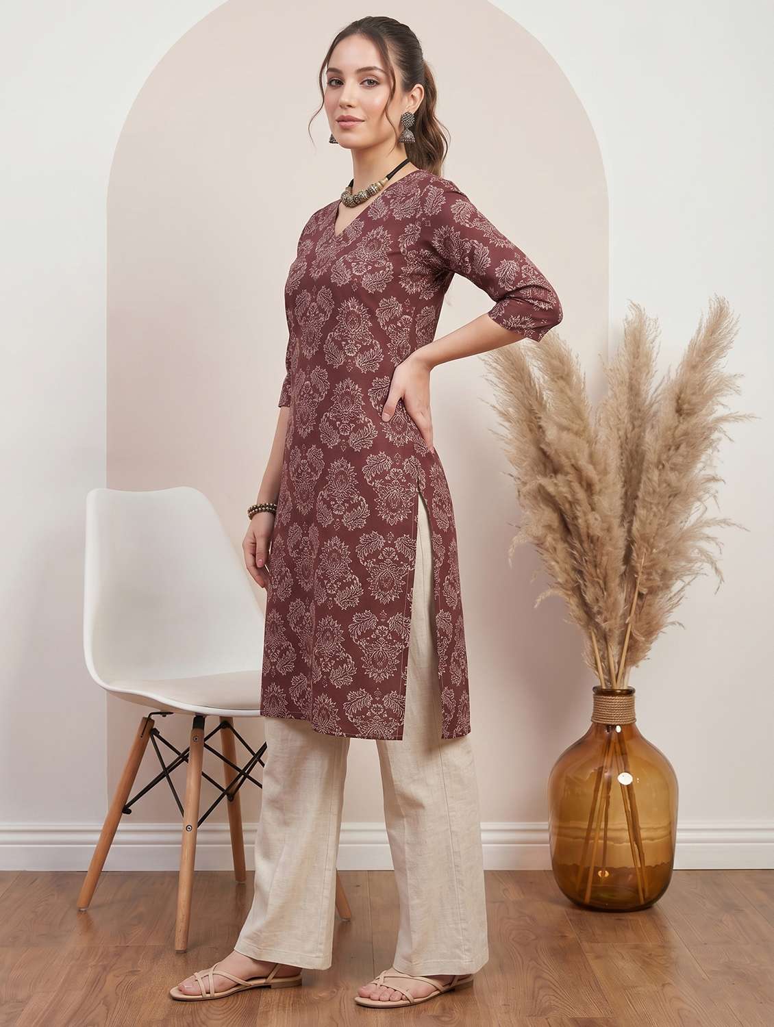 women printed three quarter sleeve straight kurta - 22499088 -  Standard Image - 5