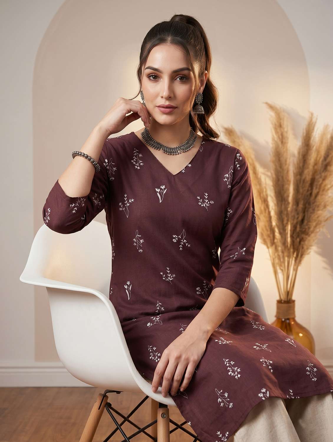 women printed three quarter sleeve straight kurta