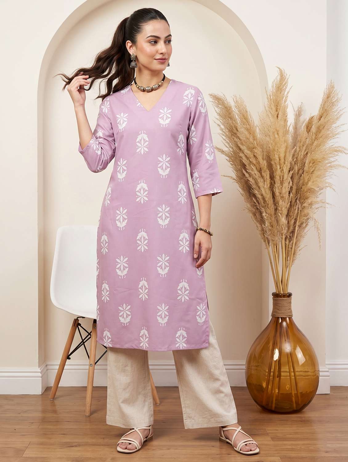 women printed three quarter sleeve straight kurta