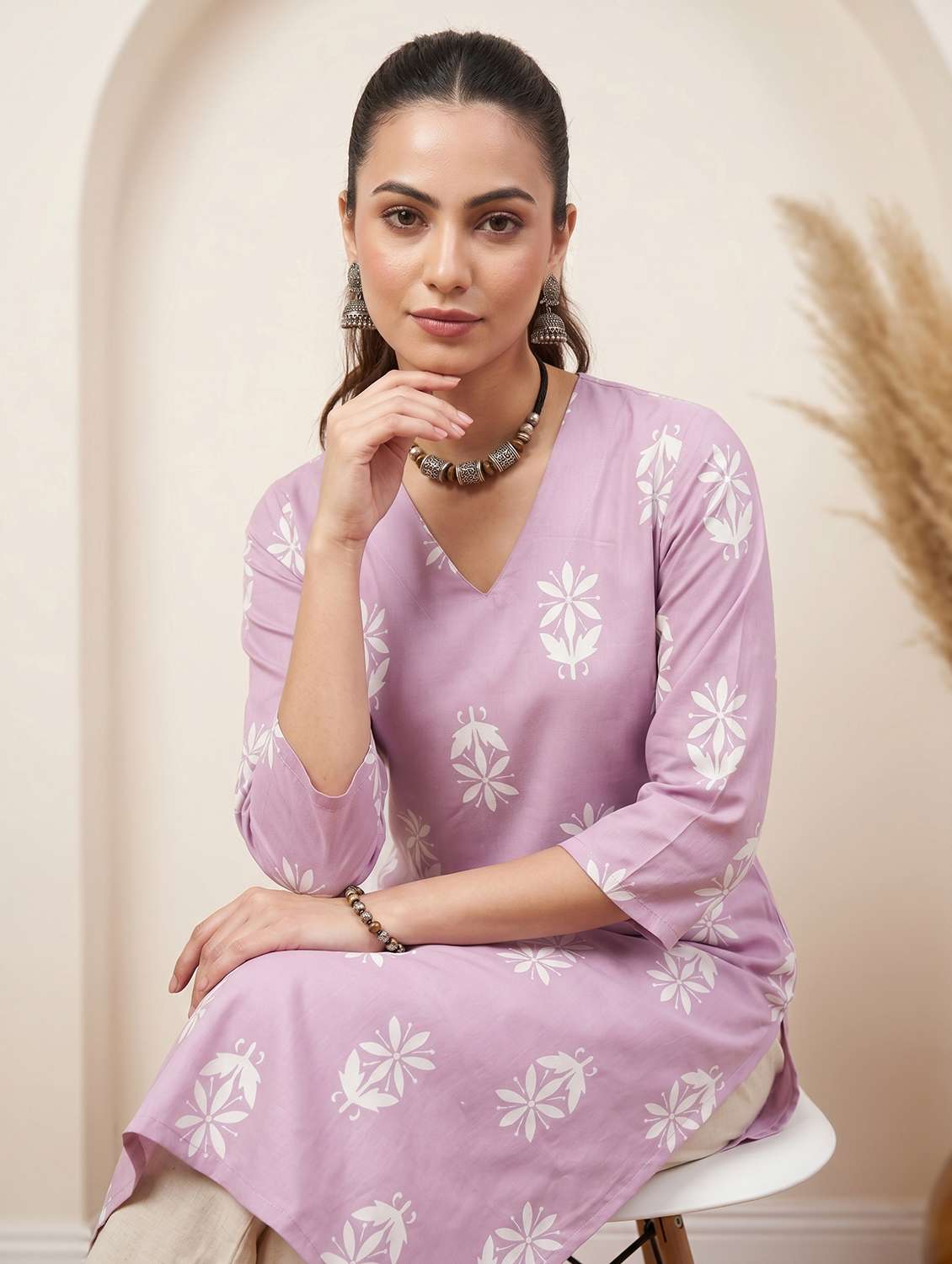 women printed three quarter sleeve straight kurta - 22499090 -  Standard Image - 5