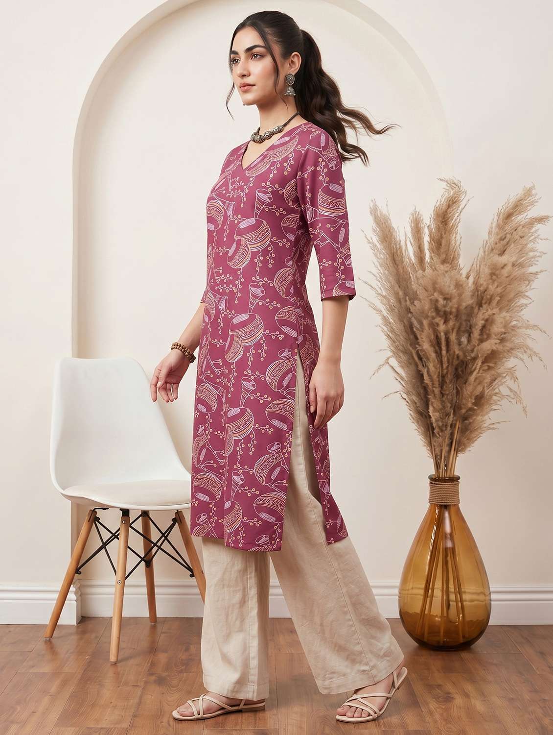 women printed three quarter sleeve straight kurta - 22499093 -  Standard Image - 5