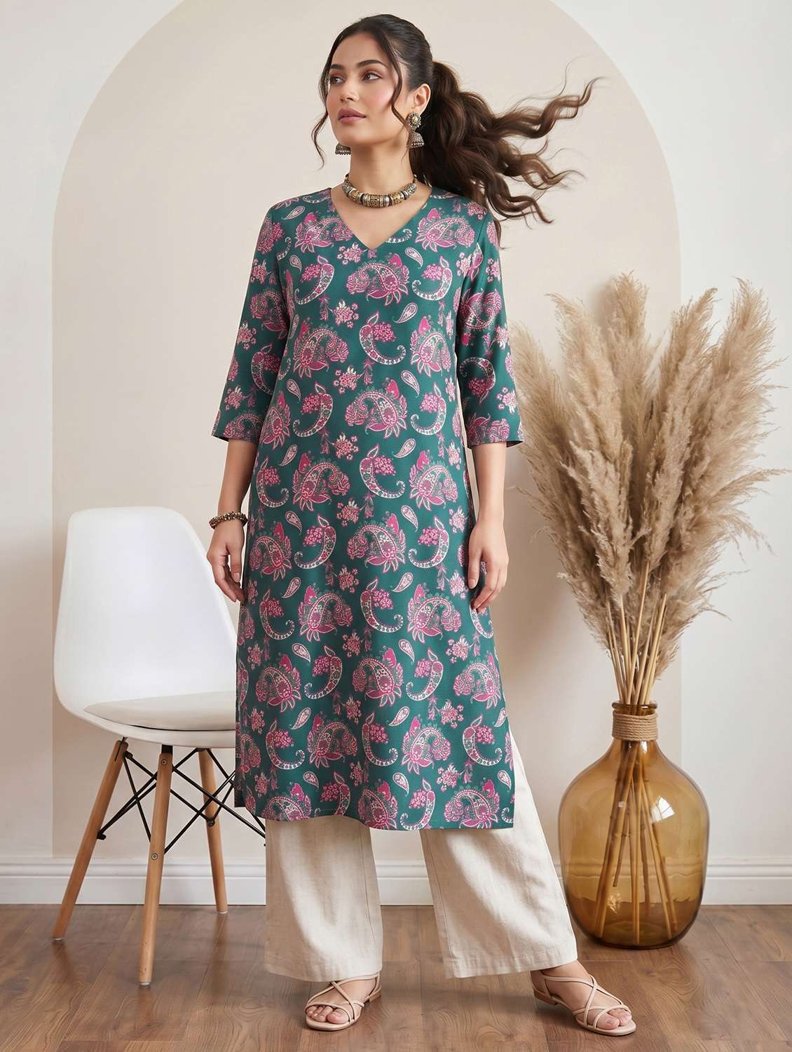 women printed three quarter sleeve straight kurta