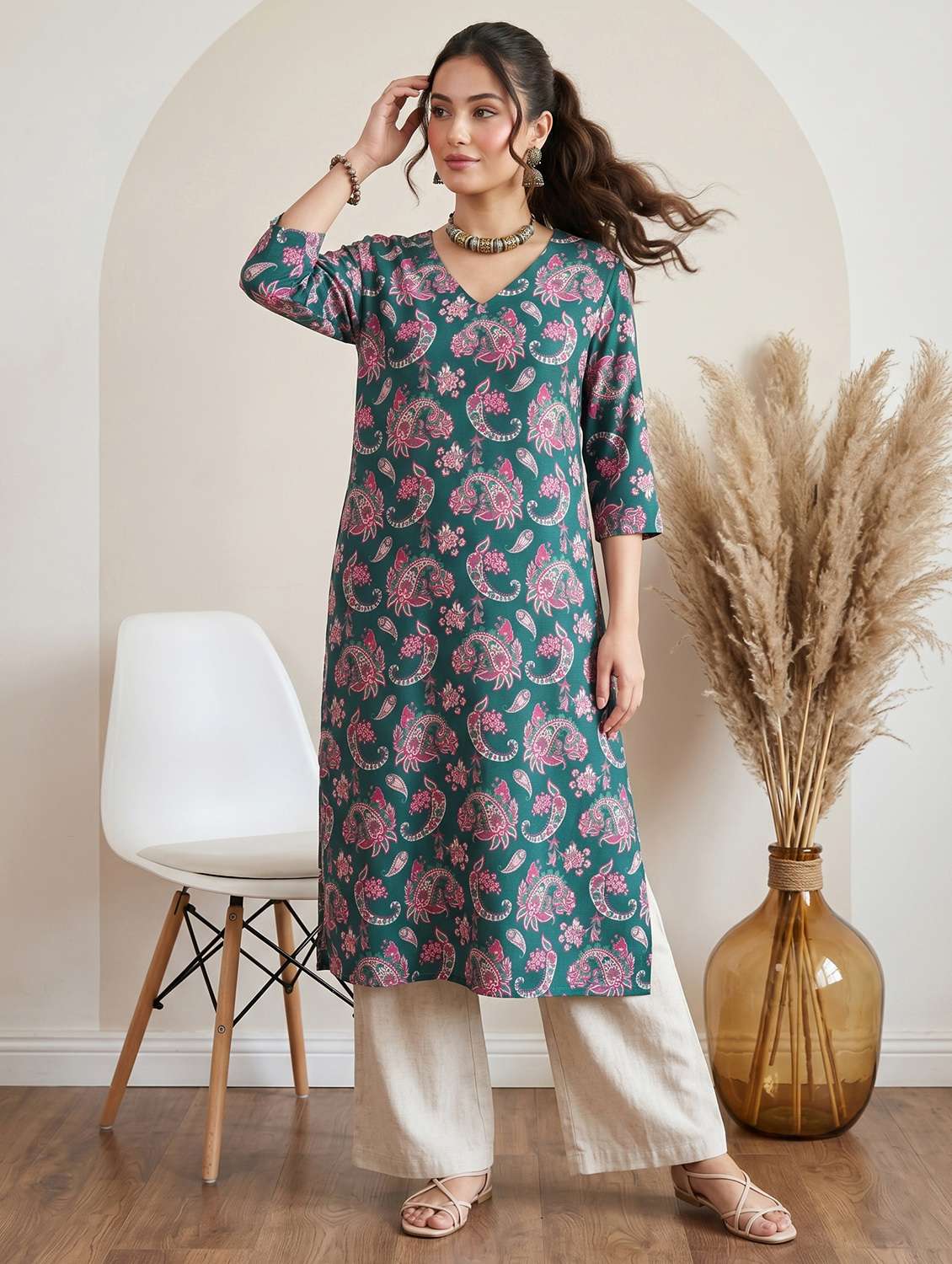women printed three quarter sleeve straight kurta - 22499095 -  Standard Image - 3