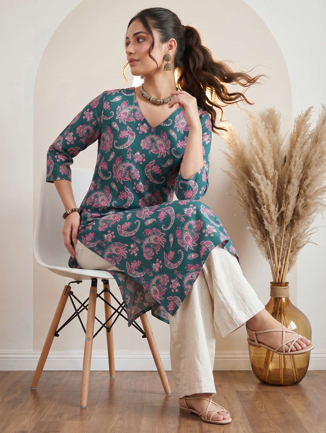 women printed three quarter sleeve straight kurta - 22499095 -  Standard Image - 5