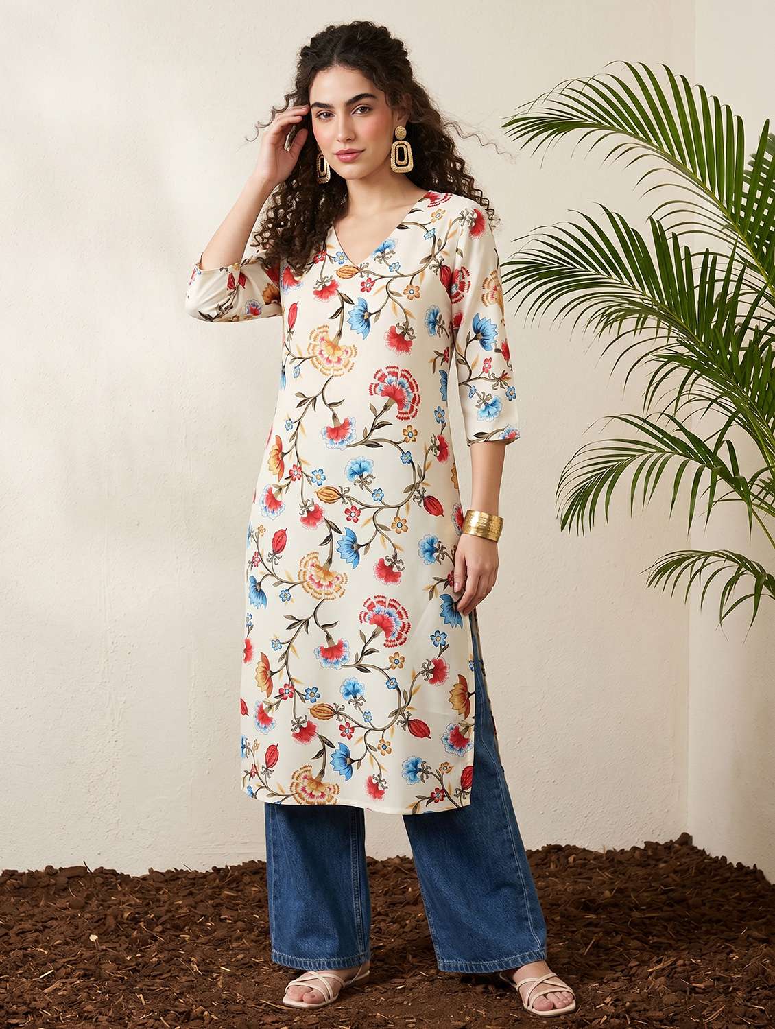 women printed three quarter sleeve straight kurta - 22499096 -  Standard Image - 3