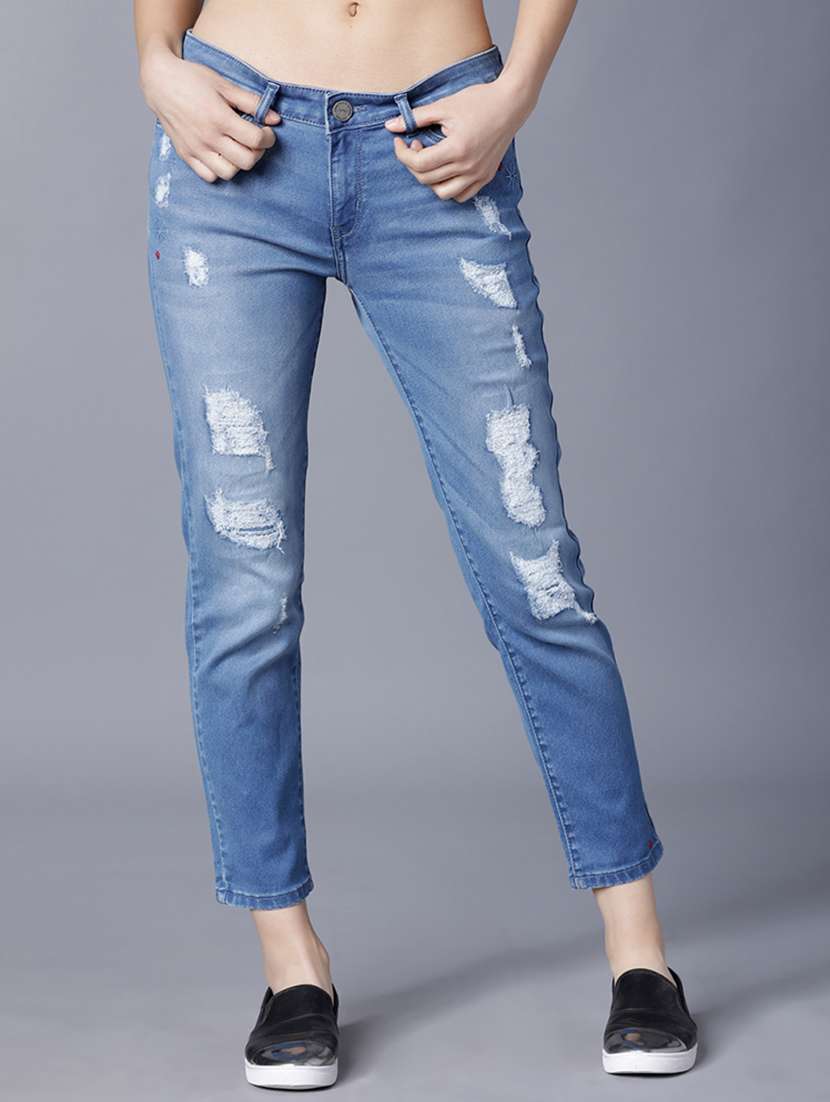 women distress mid rise slim fit jeans