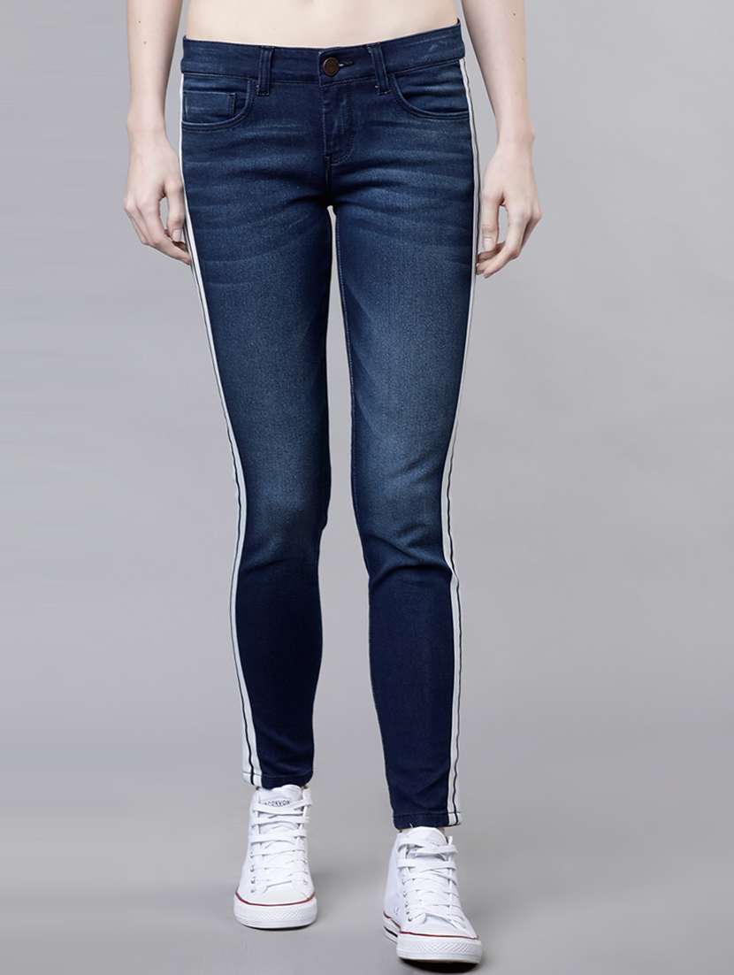 women side tape mid rise skinny fit jeans