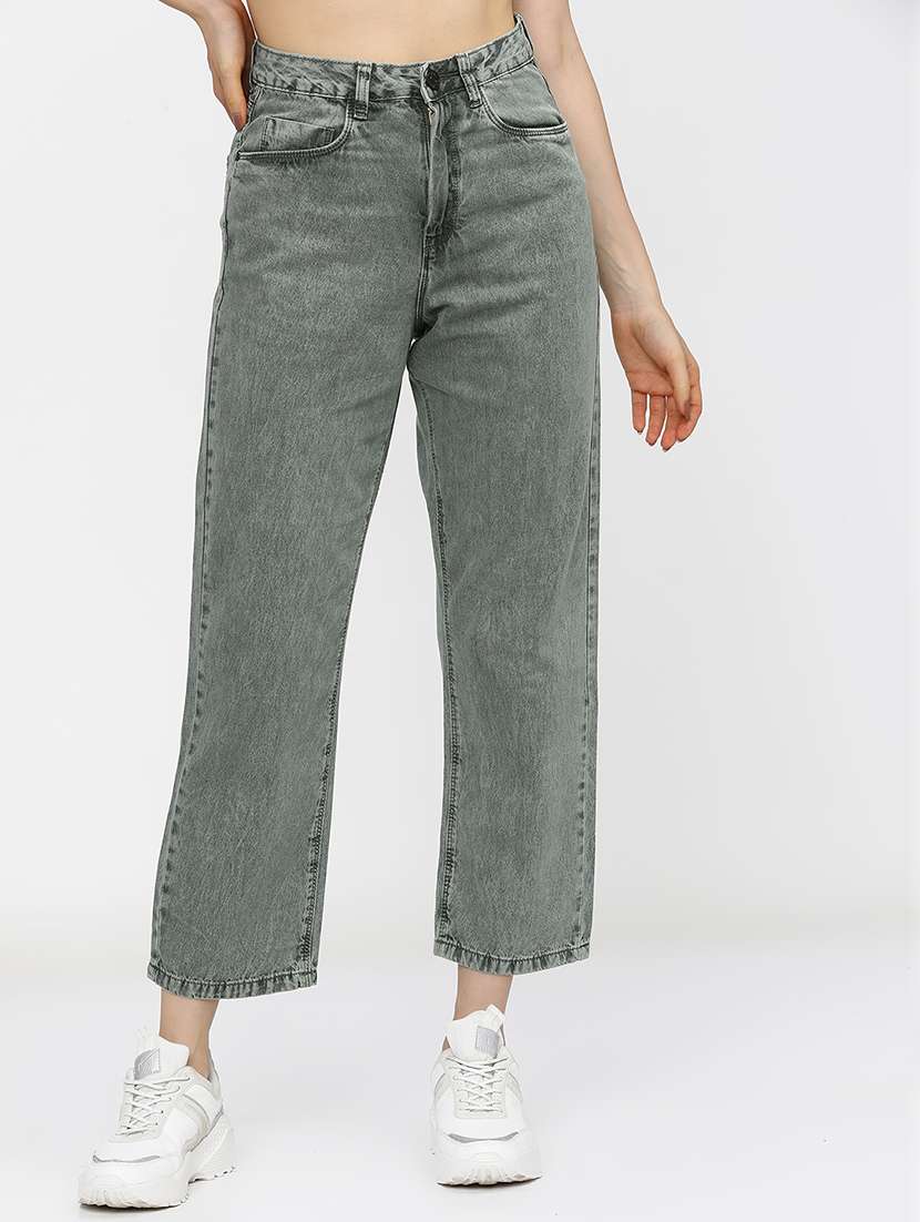 women washed mid rise wide leg jeans