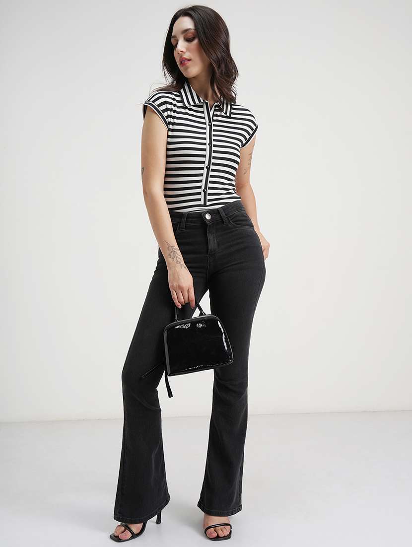 Women Striped Printed Short Sleeves Bodysuit - 22499129 -  Standard Image - 5