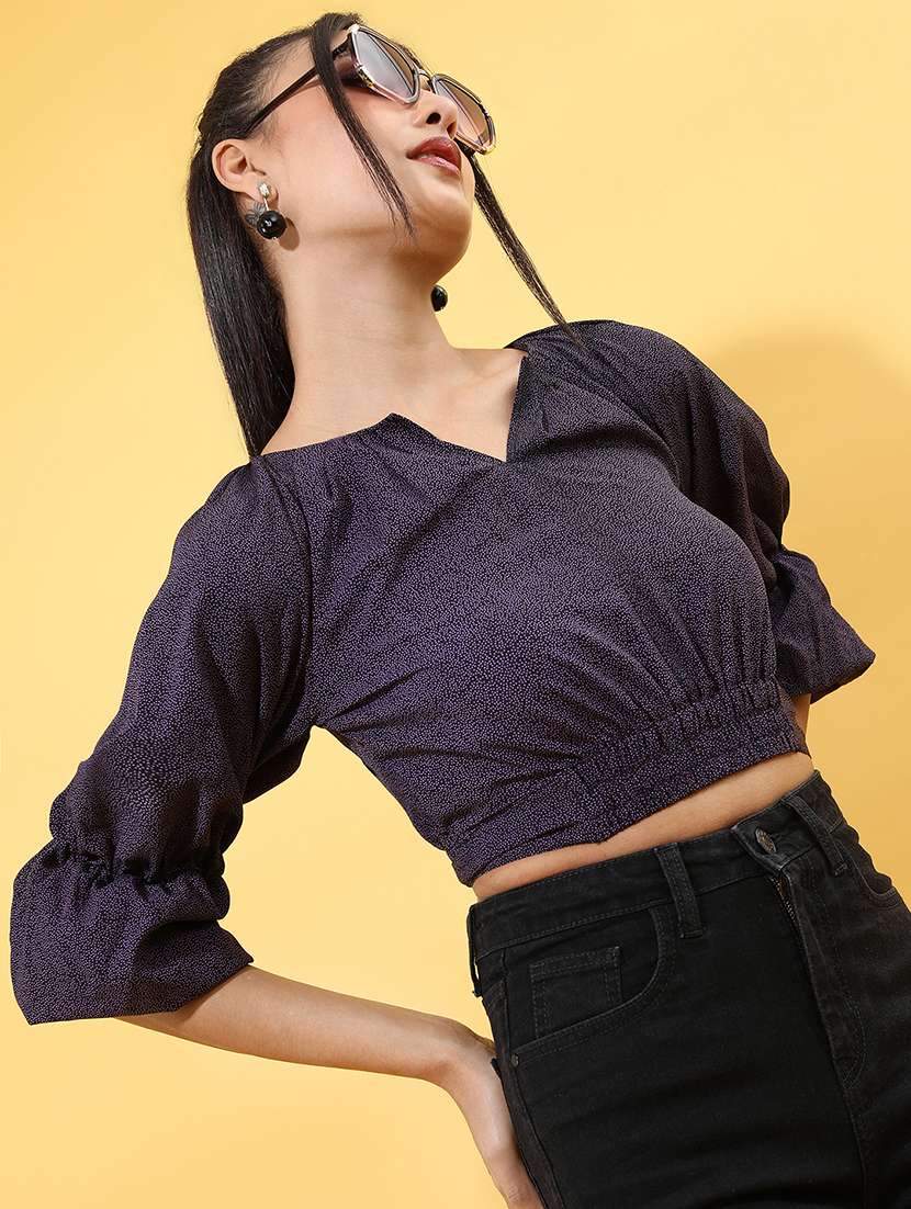 black self design three quarter sleeve top - 22499134 -  Standard Image - 3