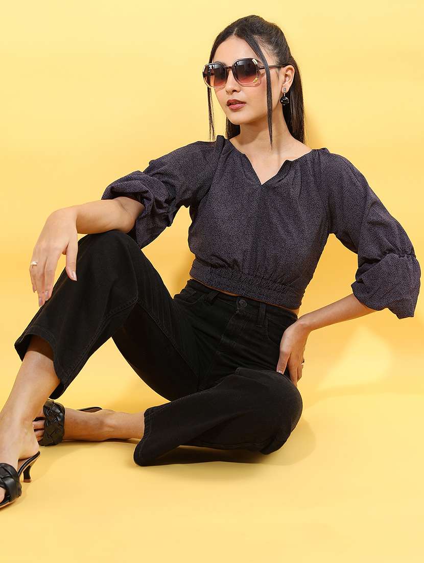 black self design three quarter sleeve top - 22499134 -  Standard Image - 5