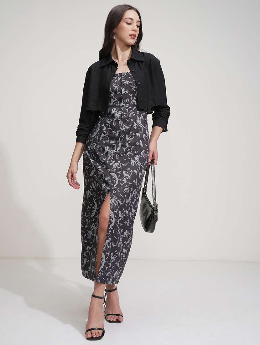 women printed a-line maxi dress with jacket