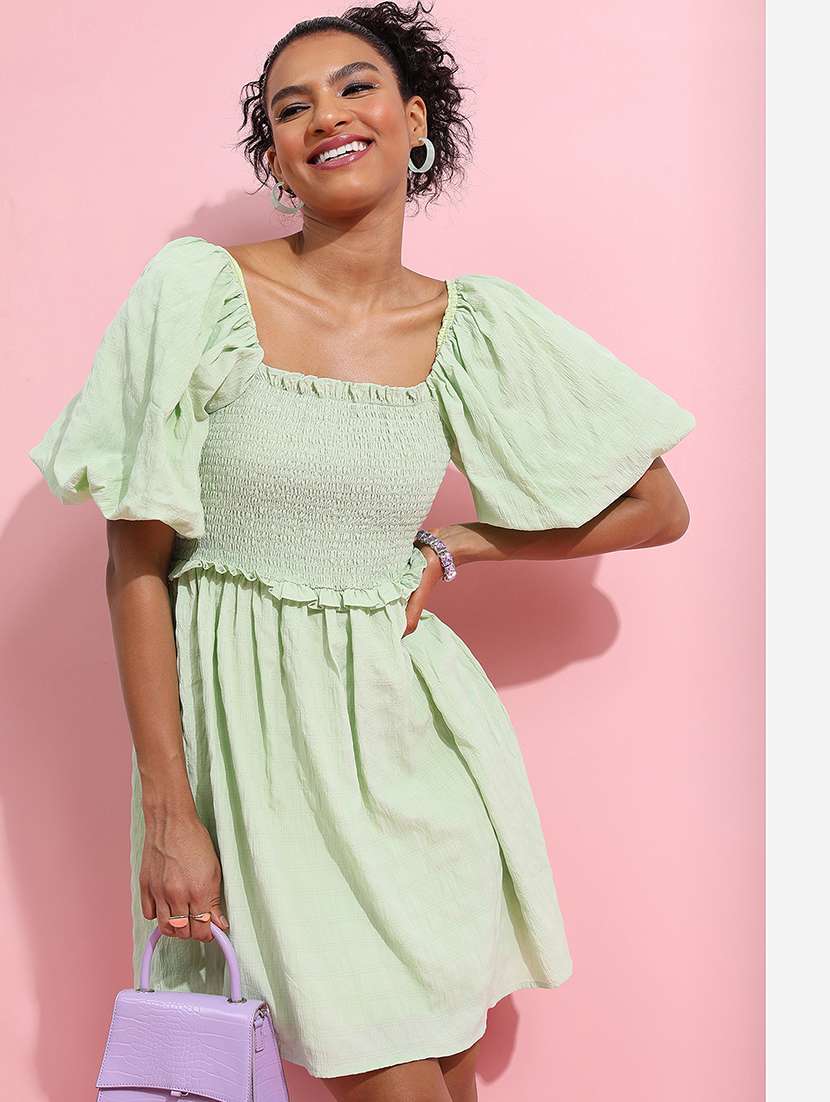 women solid puff sleeves fit and flare mini dress