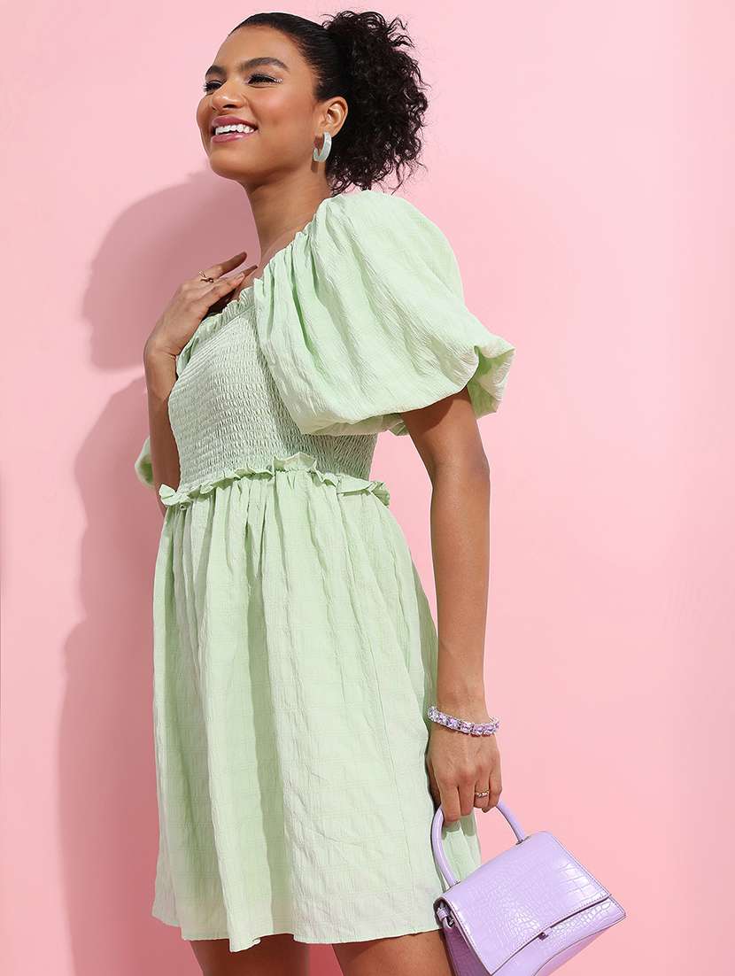 women solid puff sleeves fit and flare mini dress - 22499182 -  Standard Image - 3
