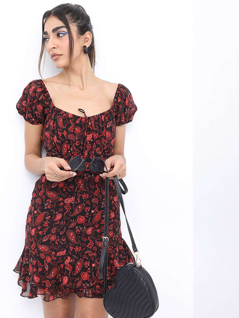 women printed puff sleeves sheath dress
