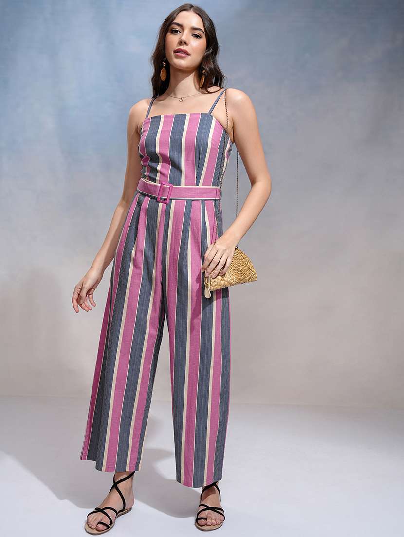women striped printed shoulder strap full leg jumpsuit
