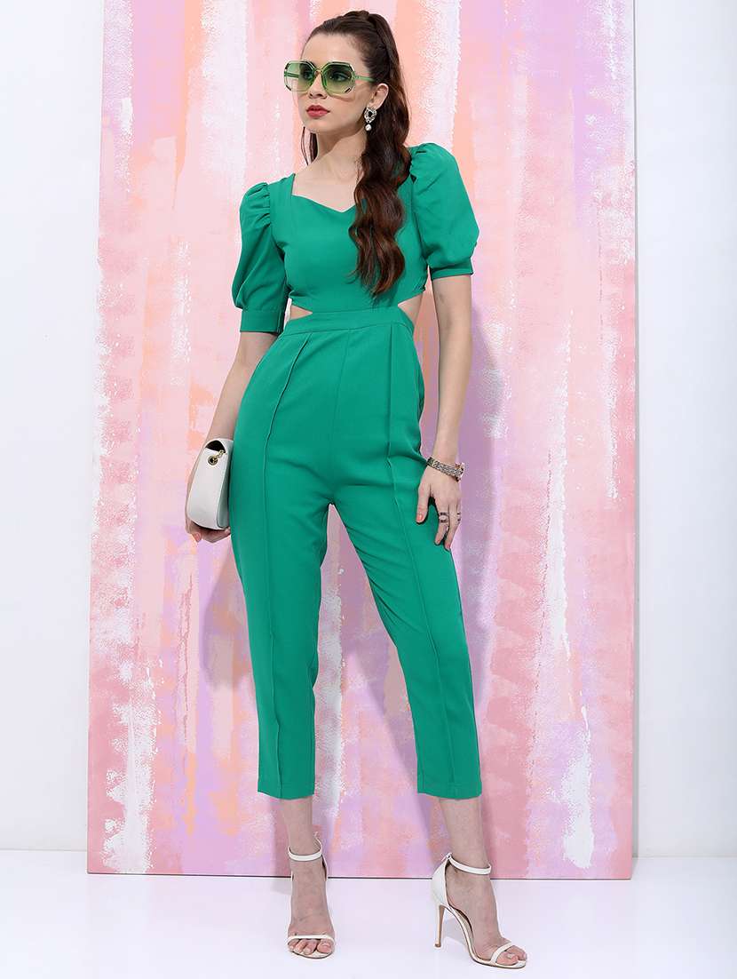 women solid puff sleeves full leg jumpsuit