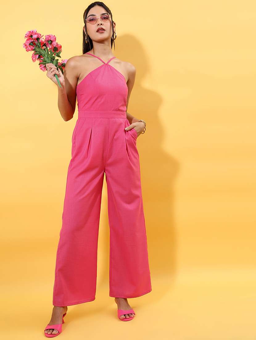 women solid halter neck full leg jumpsuit