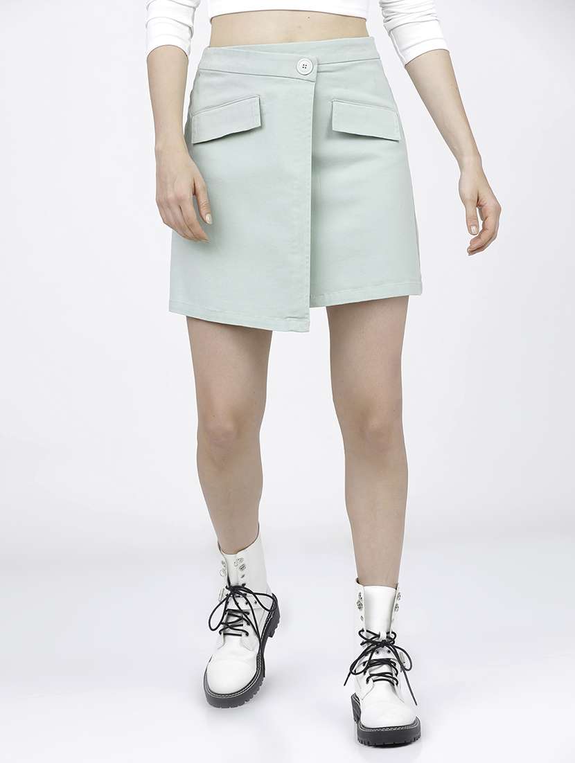 women solid mid rise wrap skirt