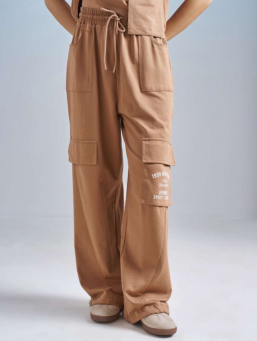 women solid mid rise relaxed fit cargo track pant