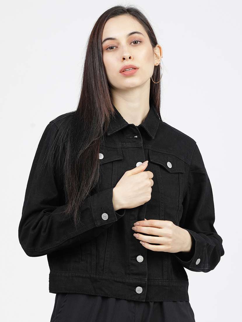 women solid long sleeves denim jacket