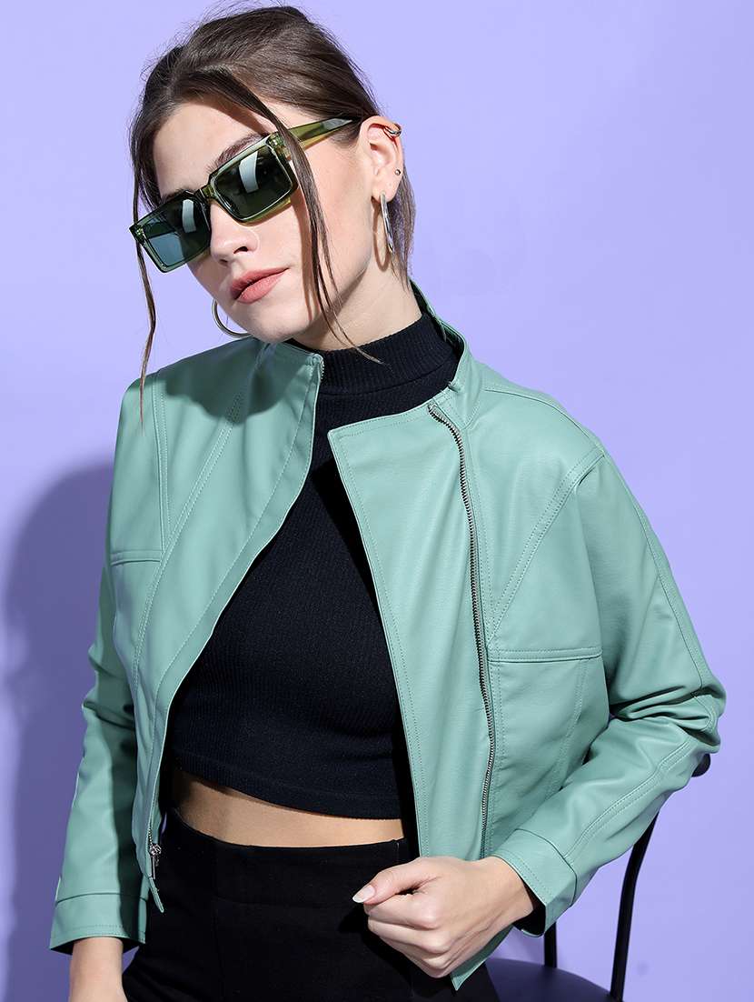 women solid long sleeves crop jacket