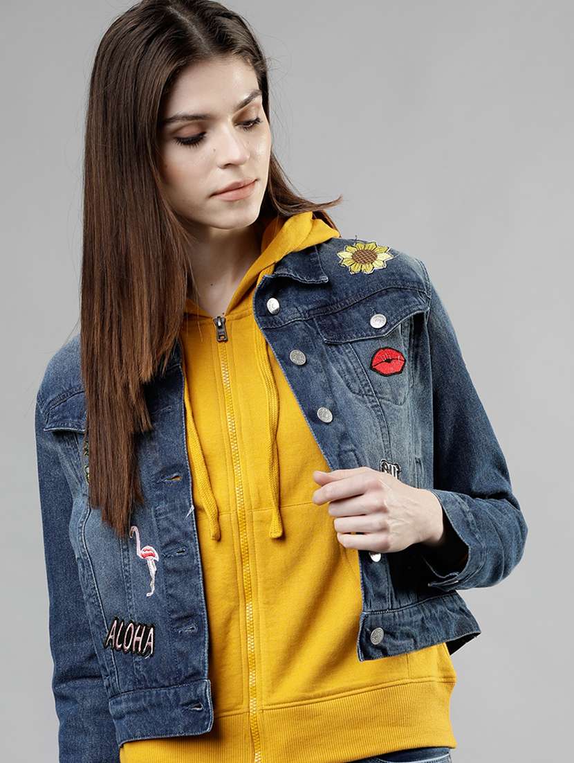 women solid with patchwork long sleeves denim shirt