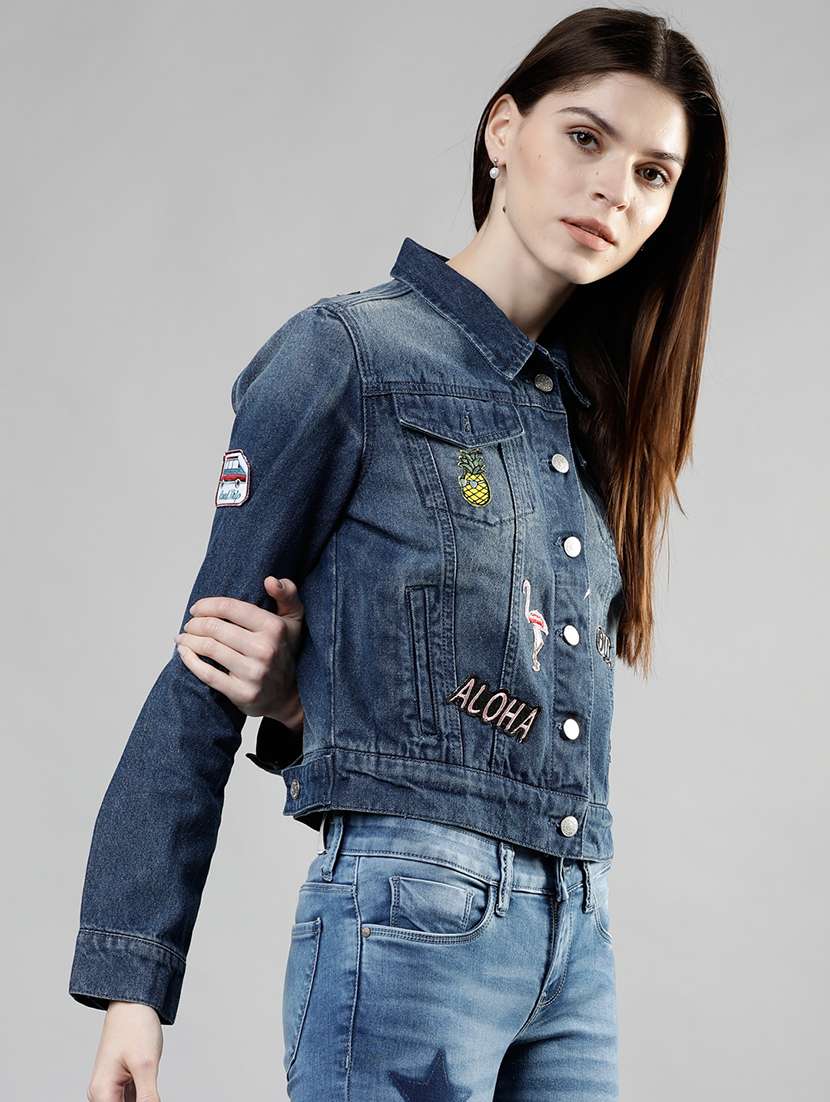 women solid with patchwork long sleeves denim shirt - 22499344 -  Standard Image - 3
