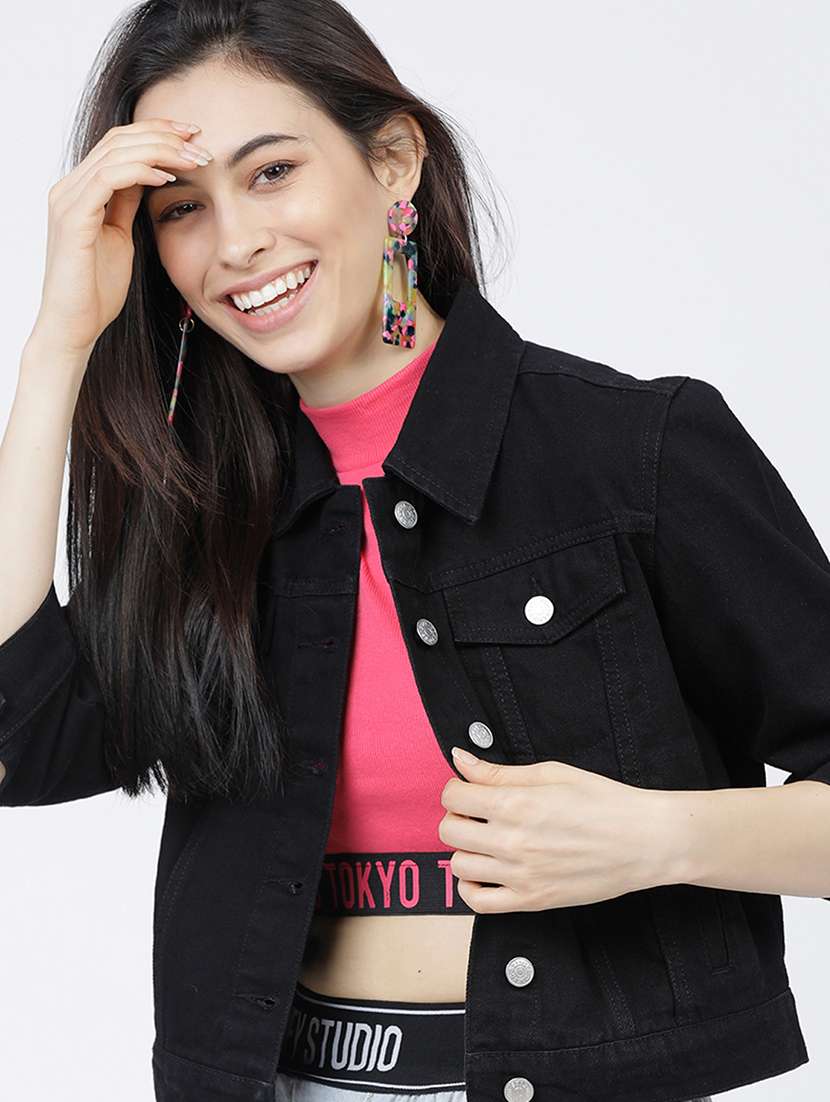 women solid three quarter sleeves denim jacket