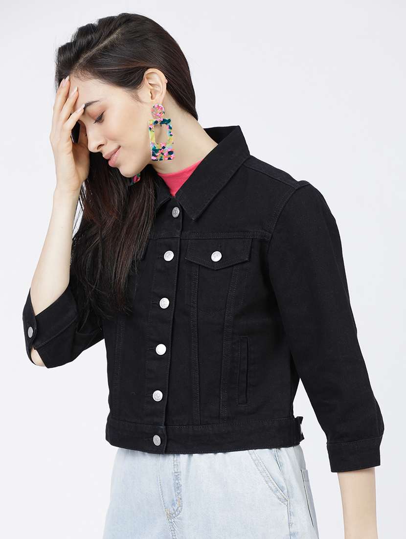 women solid three quarter sleeves denim jacket - 22499345 -  Standard Image - 3