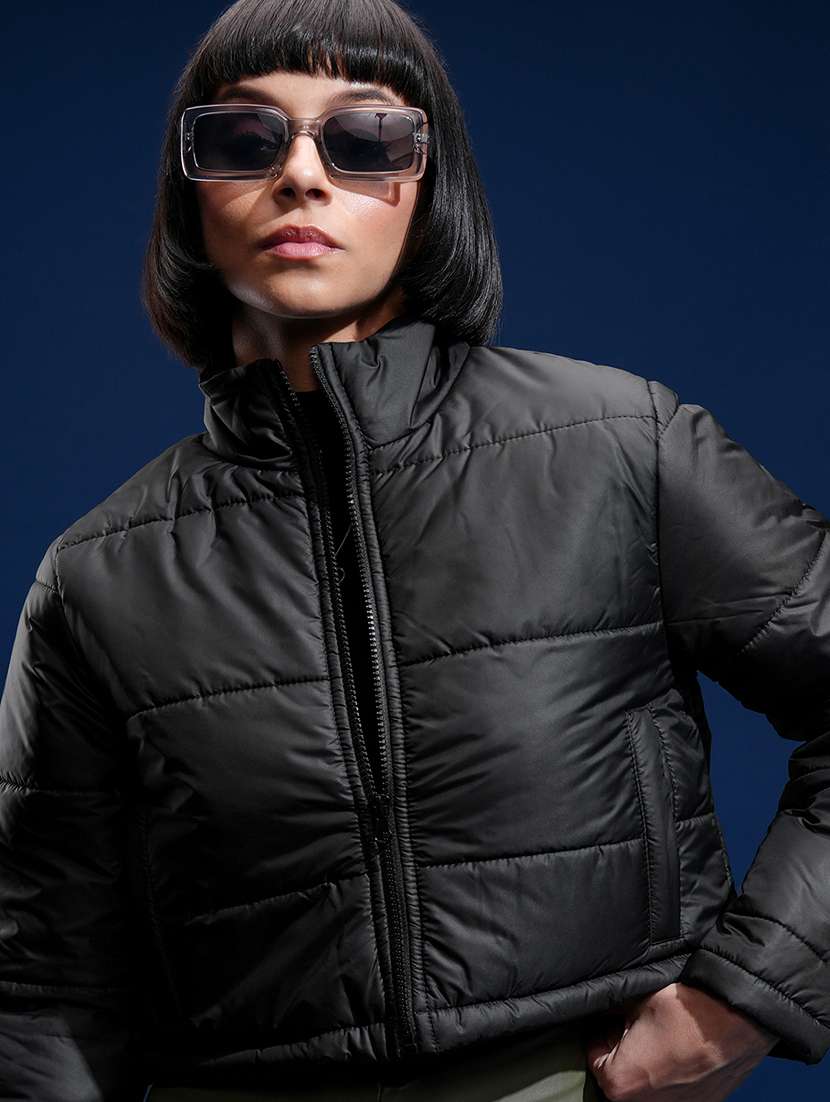 women solid long sleeves crop puffer jacket