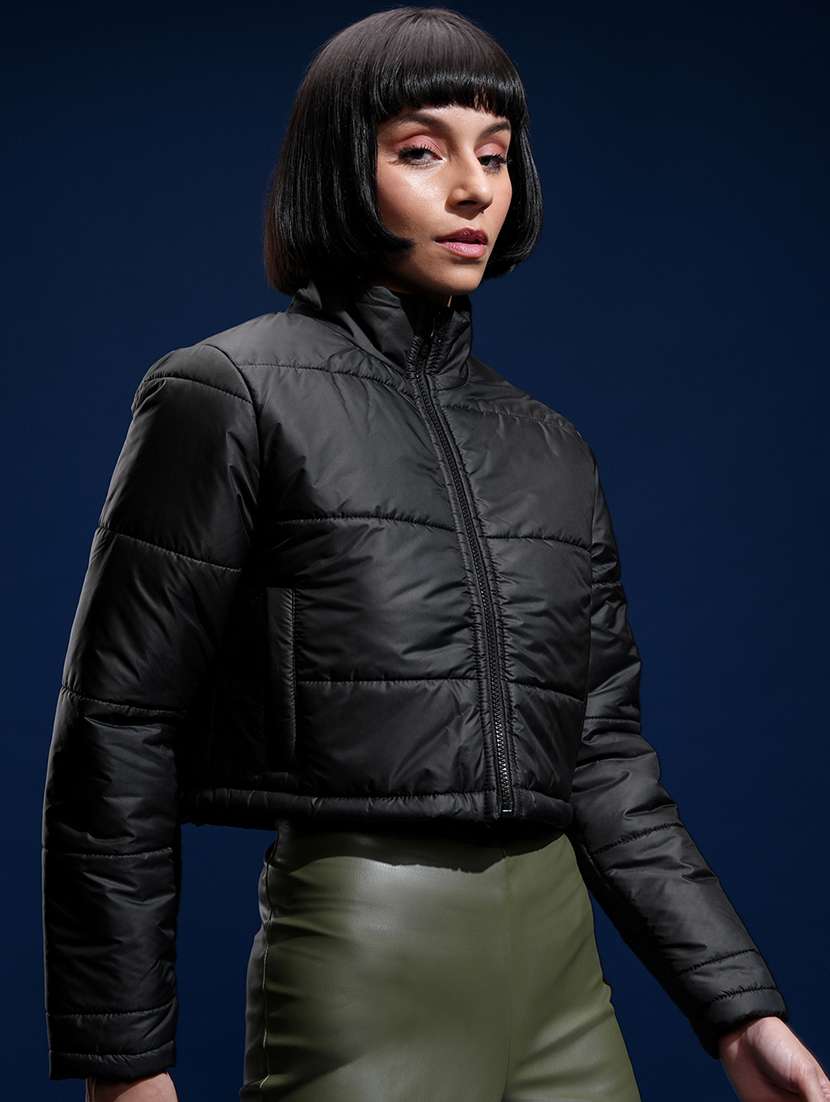 women solid long sleeves crop puffer jacket - 22499346 -  Standard Image - 3