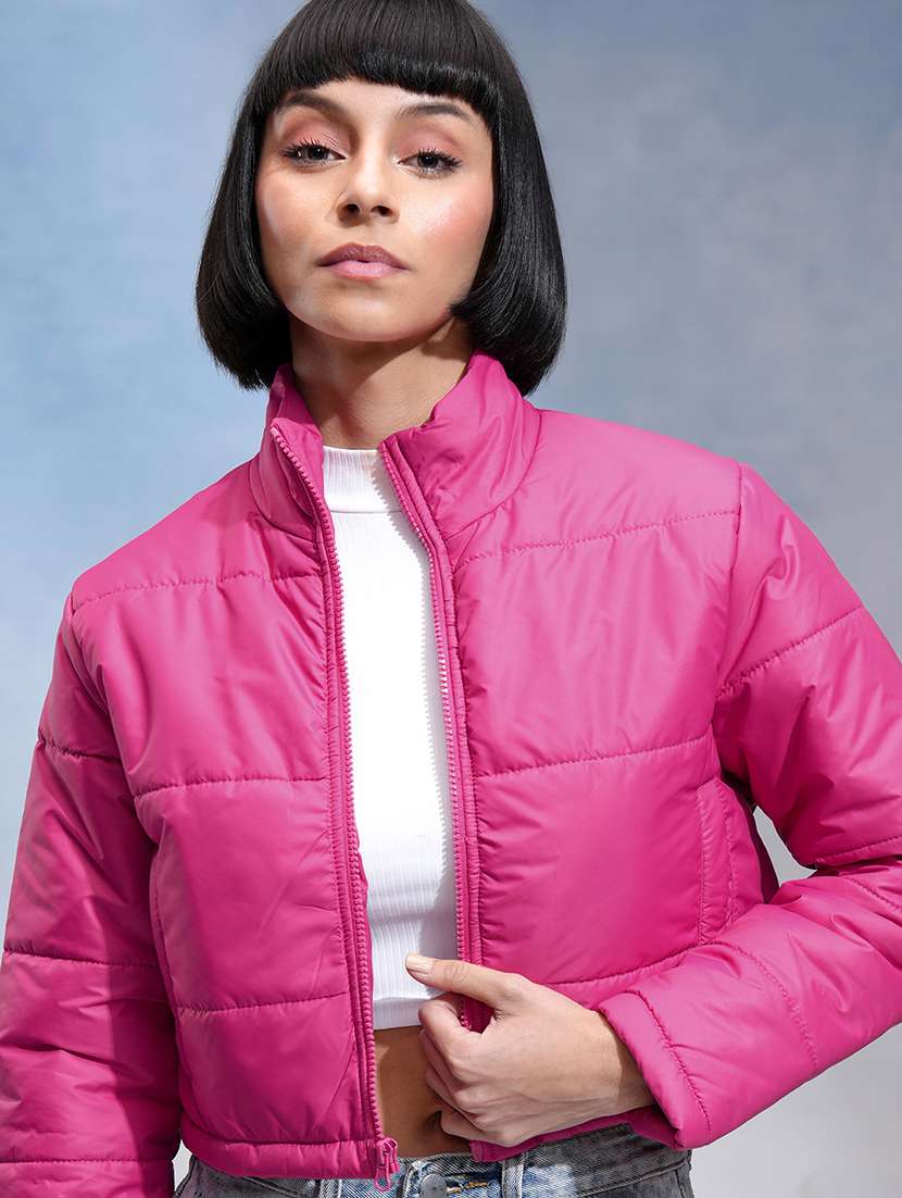 women solid long sleeves crop puffer jacket