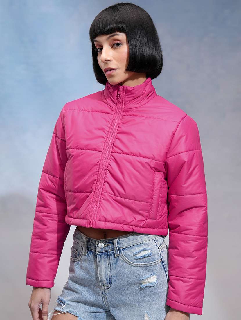 women solid long sleeves crop puffer jacket - 22499347 -  Standard Image - 3