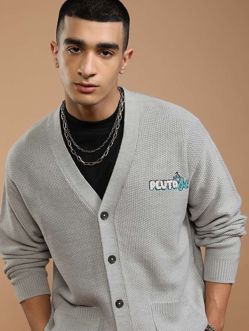 men self design long sleeve cardigan sweater