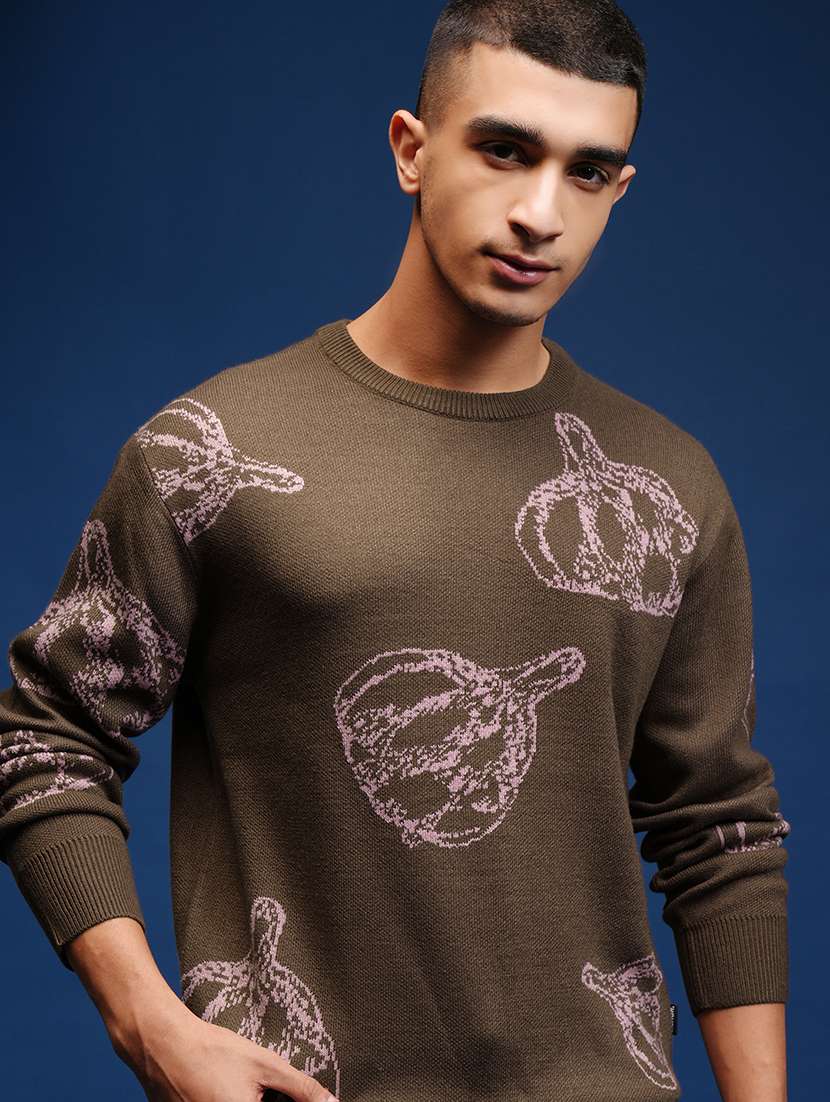 men self design long sleeve pullover sweater