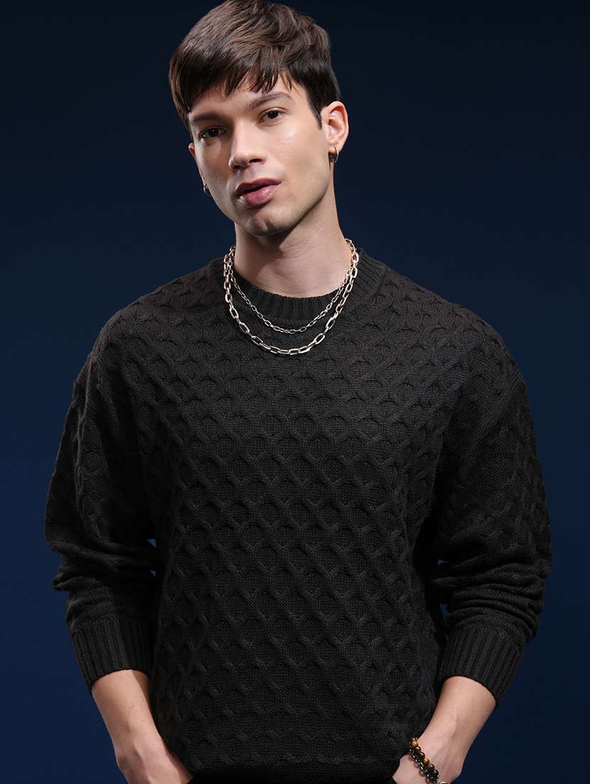 men self design long sleeve pullover sweater
