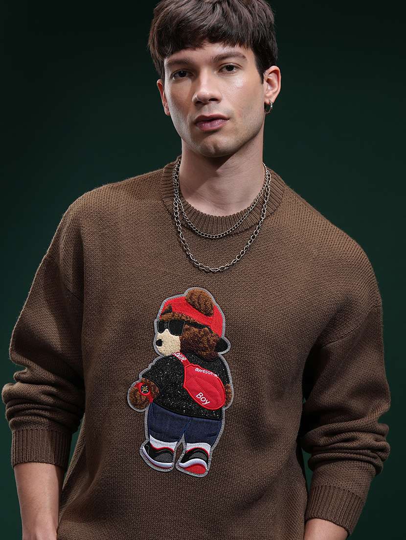 men self design long sleeve pullover sweater