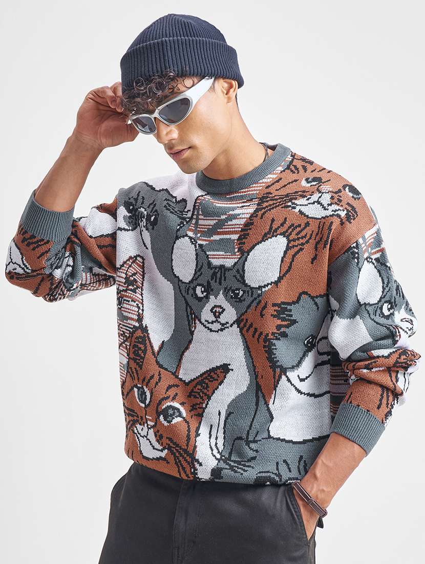 men graphic long sleeve pullover sweater