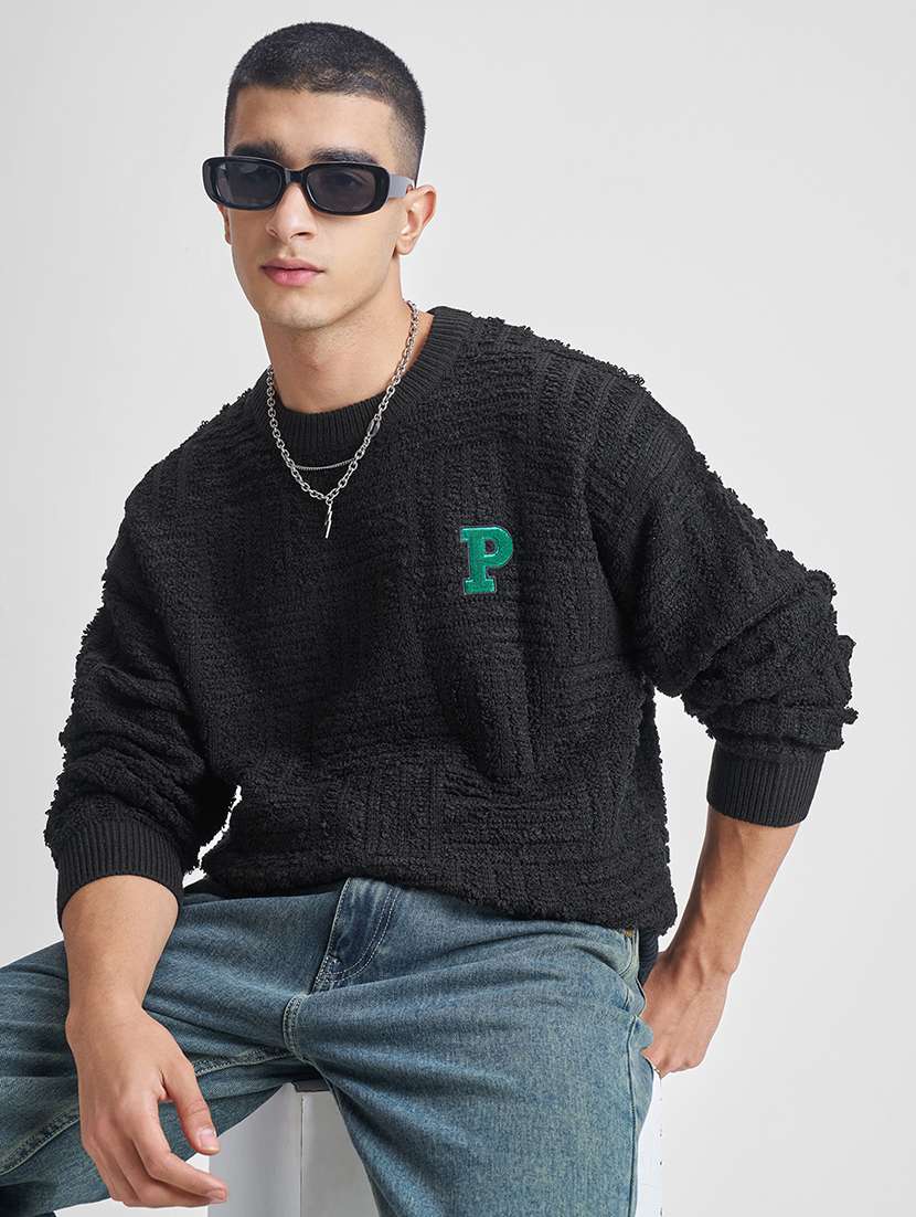 men self design long sleeve pullover sweater