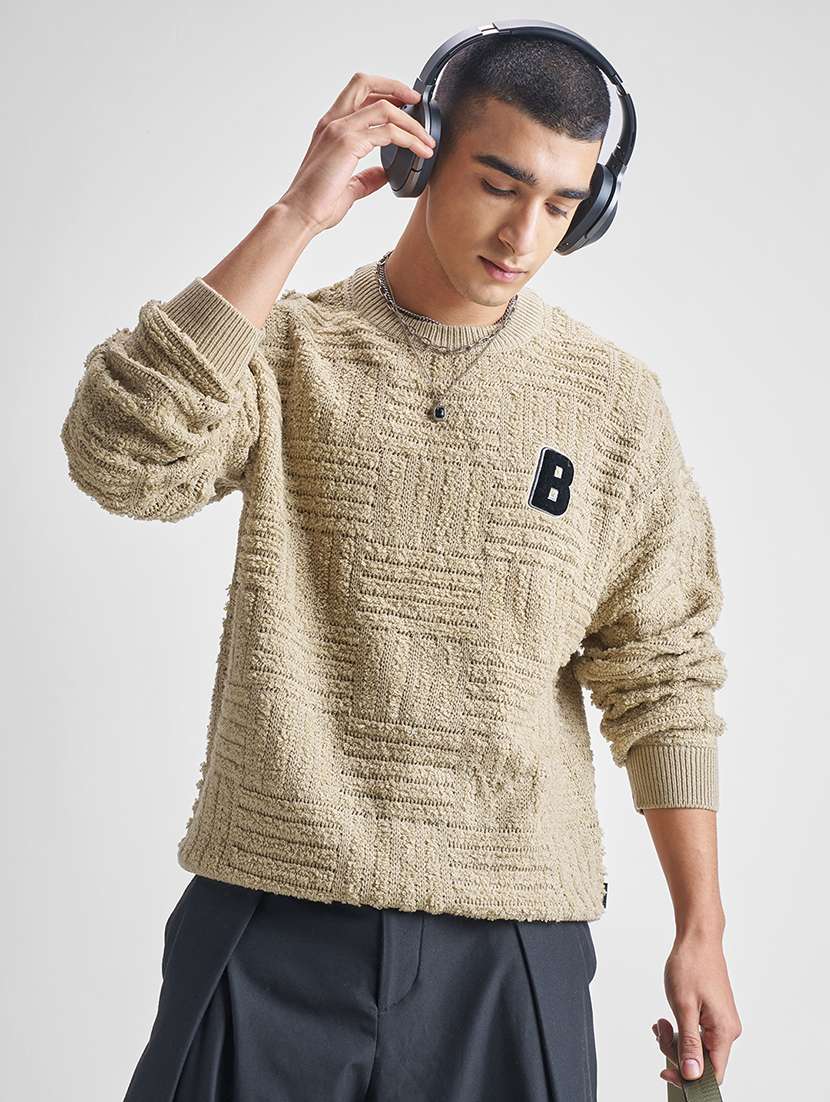 men self design long sleeve pullover sweater