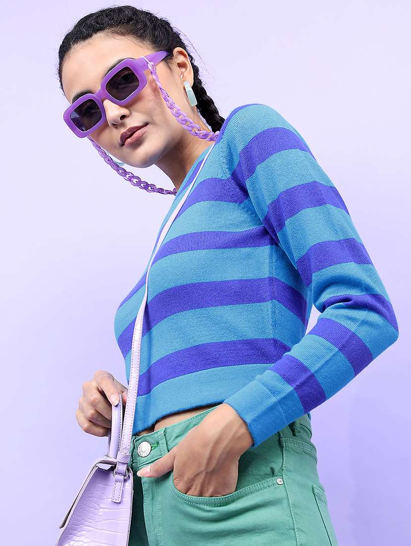 women striped long sleeve pullover sweater