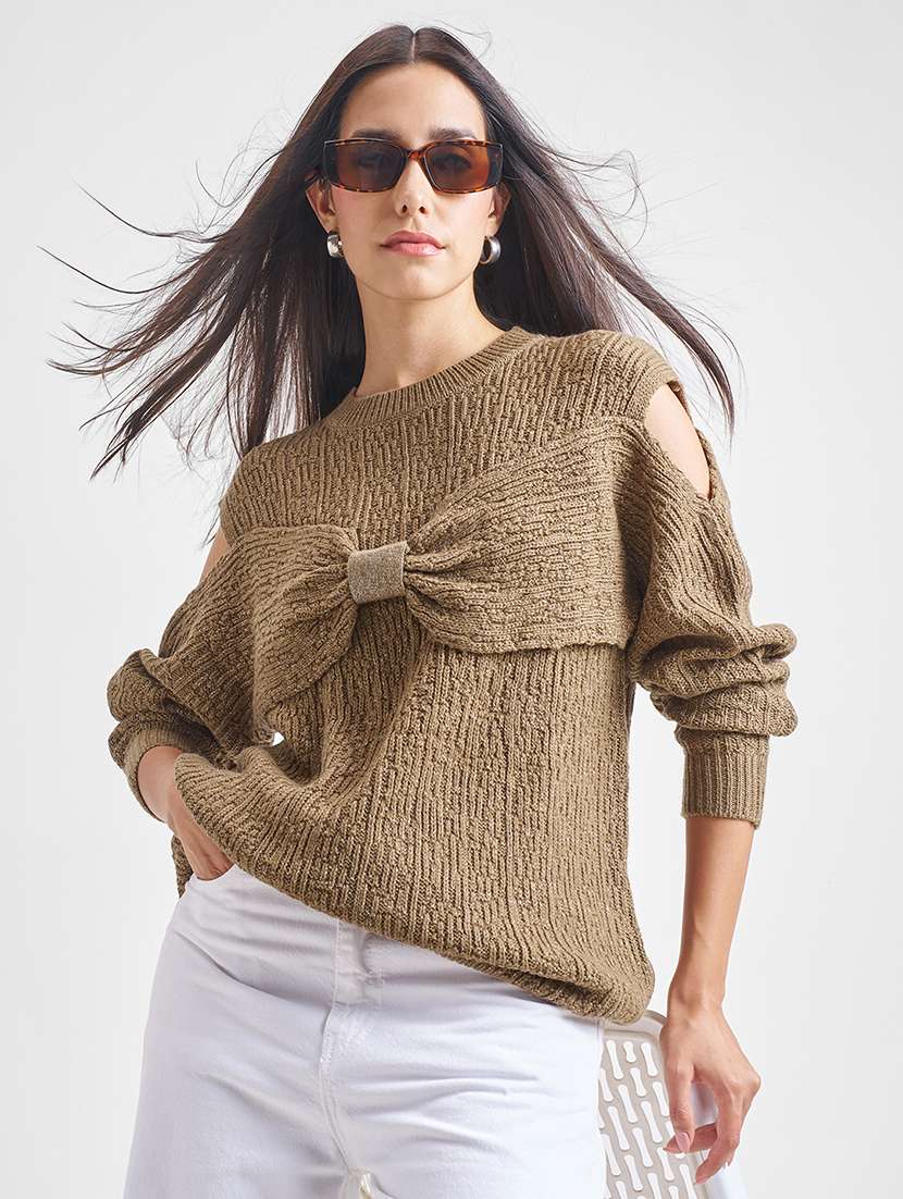 women self design cold shoulder winter top