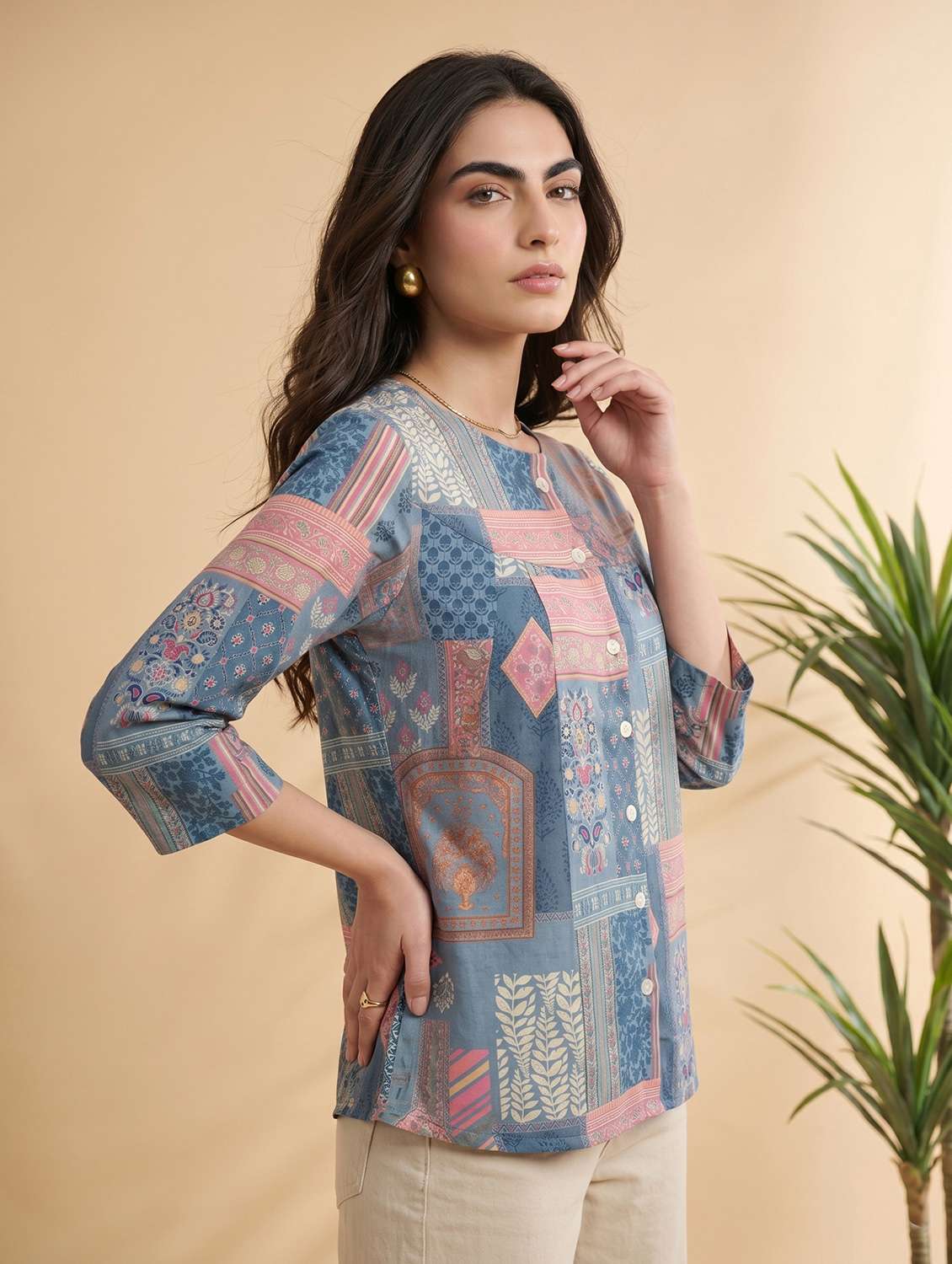 women printed three quarter sleeve ethnic top - 22499427 -  Standard Image - 3